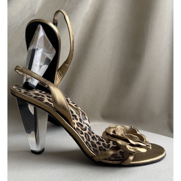 Dolce Gabbana Gold Leather Sandal Size 38.5 Clear Acrylic Heels Cheetah Leopard - Picture 4 of 14